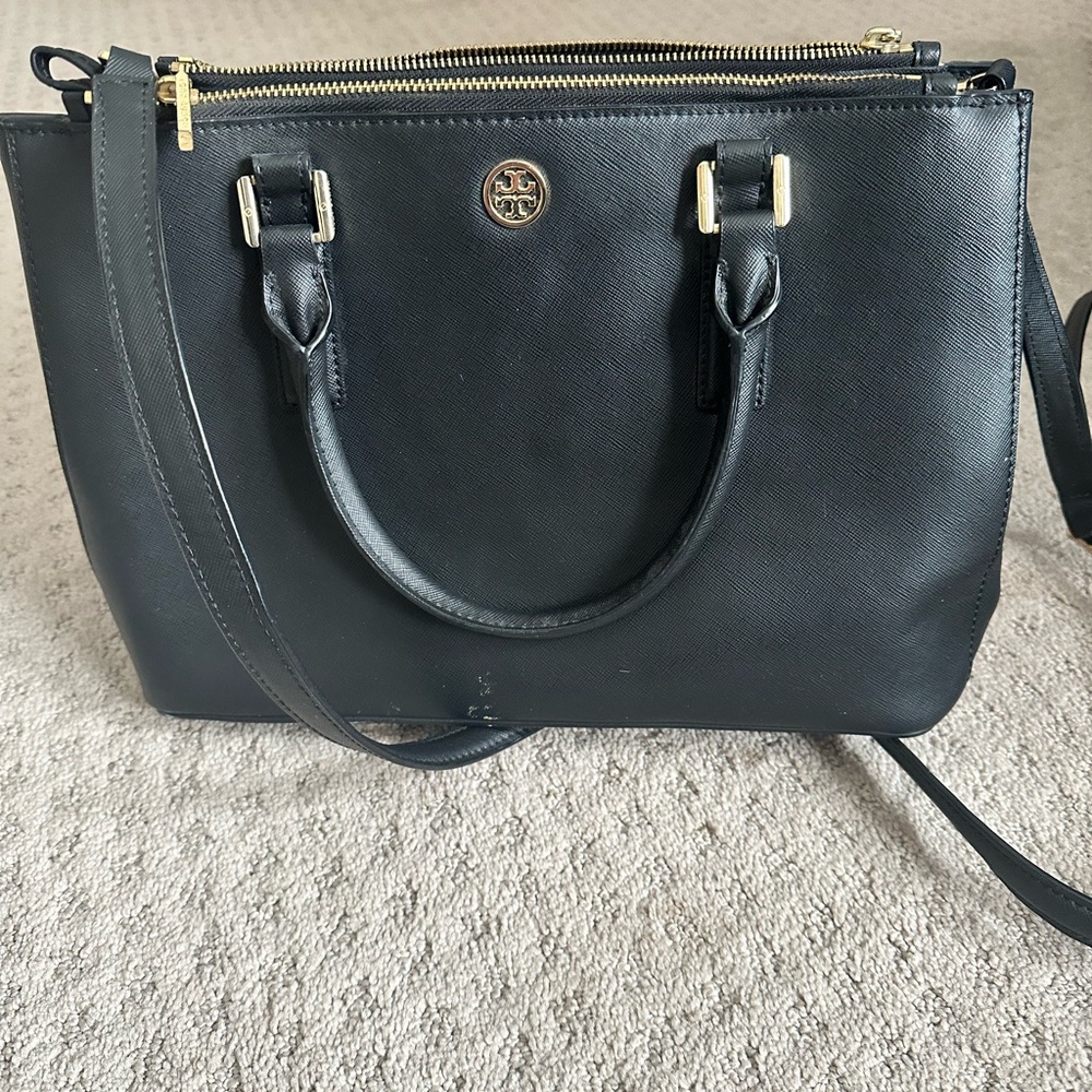 Tory Burch Black Satchel with Silver Hardware and Adjustable Strap
